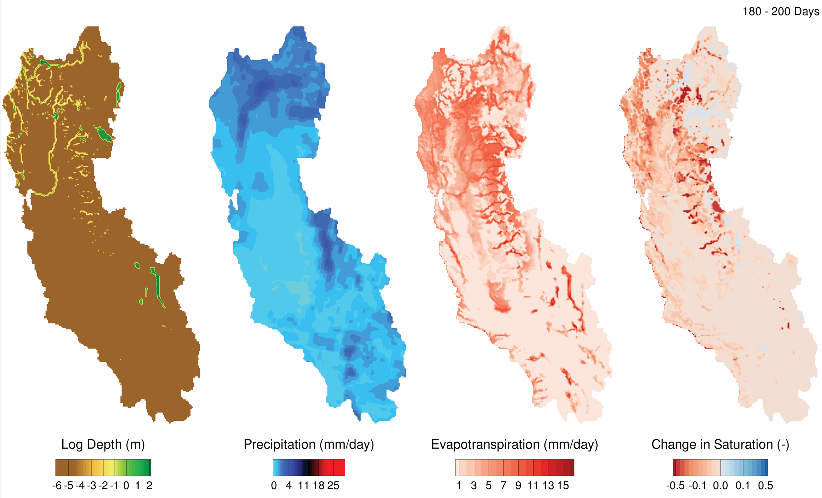 California Basin maps of water depth, precipitation, evapotranspiration, and saturation change