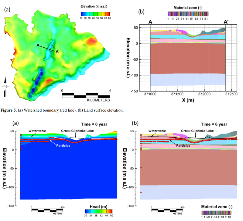 Watershed elevation and cross-sections of hydraulic head, material zones, and particles around Gross Glienicke Lake